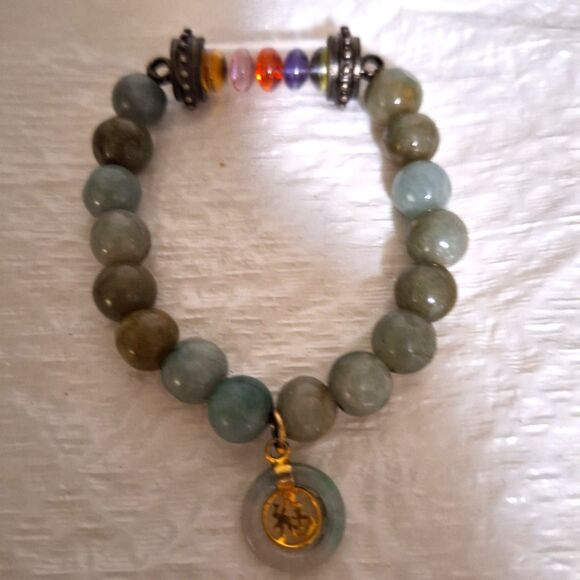 A Green Stone Stretchy Bracelet Good Luck Charm Thai Naga Eye Bead Tube - Picture 4 of 9